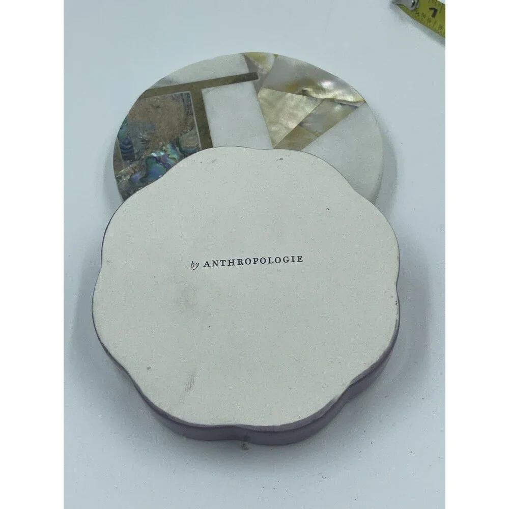 Anthropologie Monogram T Lid Trinket Dish Marble Abalone Floral Ceramic Coaster
